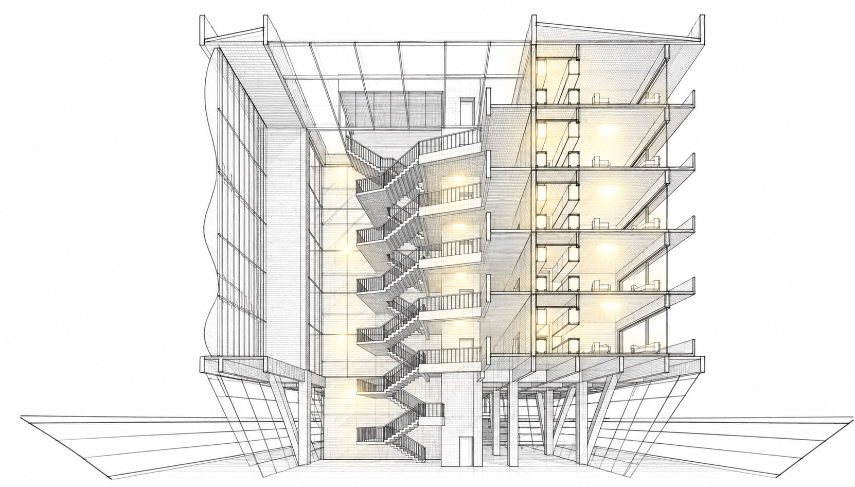 Sectioned 3D Revit model of a multi-storey building with lit fixtures